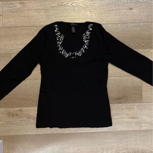Embellished Black Cable & Gauge Sweater with Crystal Accents